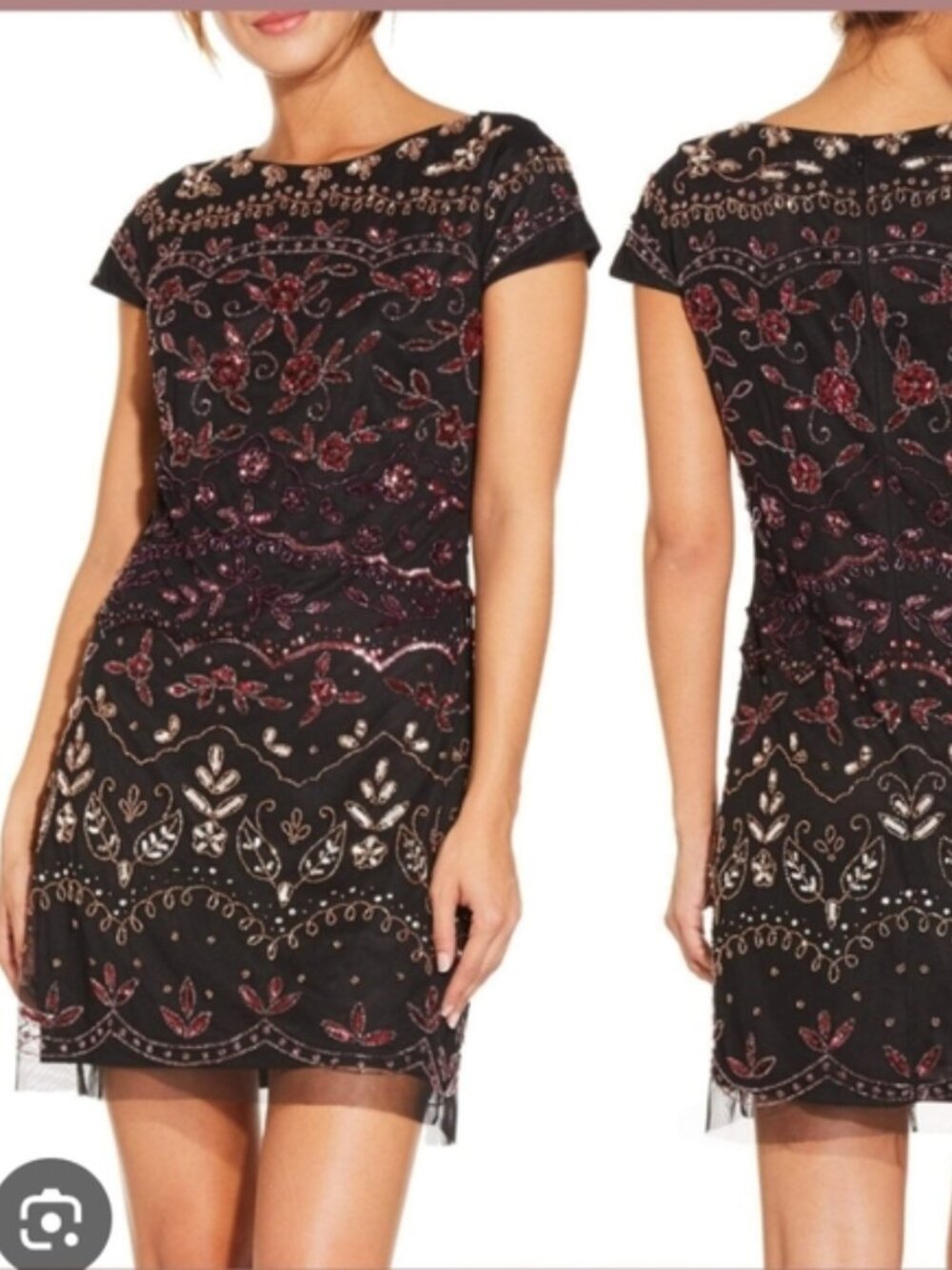 Adrianna‎ Papell Embellish Beaded Bateau Mesh Sheath Mini Dress Black Sz 16P